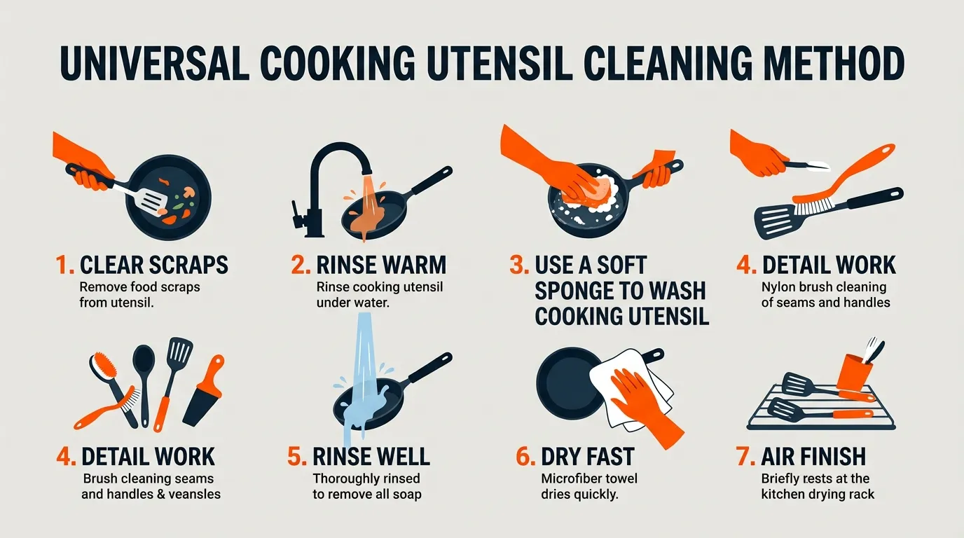 Seven-step cooking utensil cleaning workflow from removing food scraps to rinsing drying and air finishing