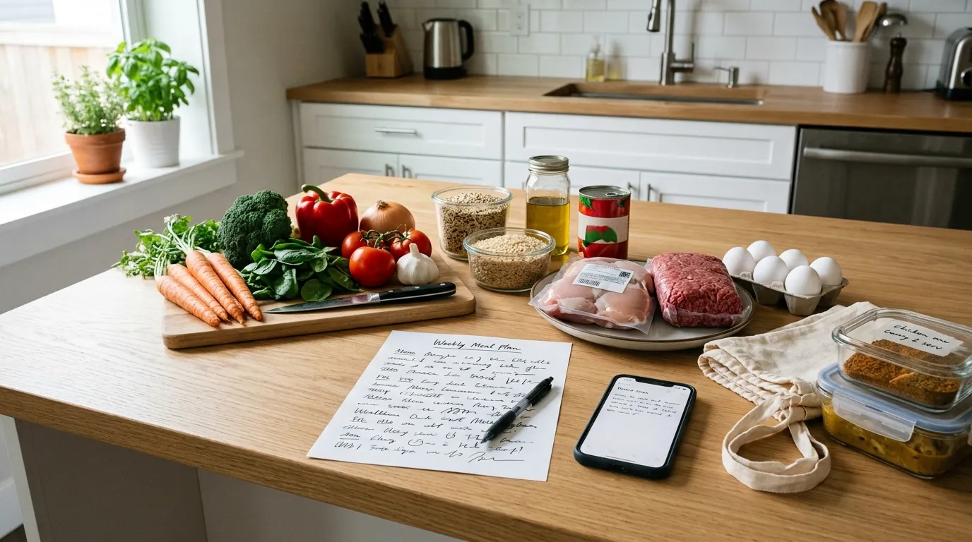Weekly meal planning setup with a grocery list, meal ideas, pantry ingredients, and a flexible dinner plan