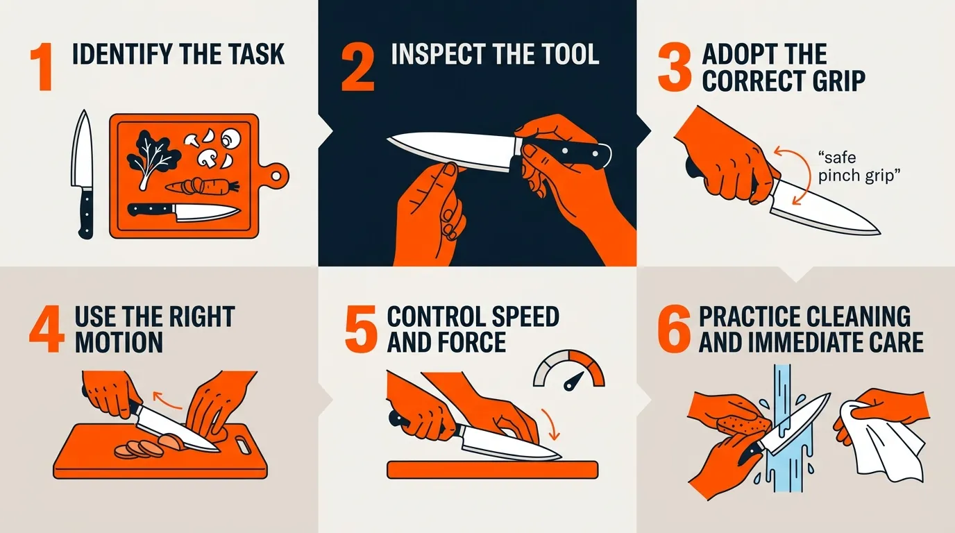 Six-step kitchen utensil workflow covering task selection, inspection, grip, motion, control, and immediate care