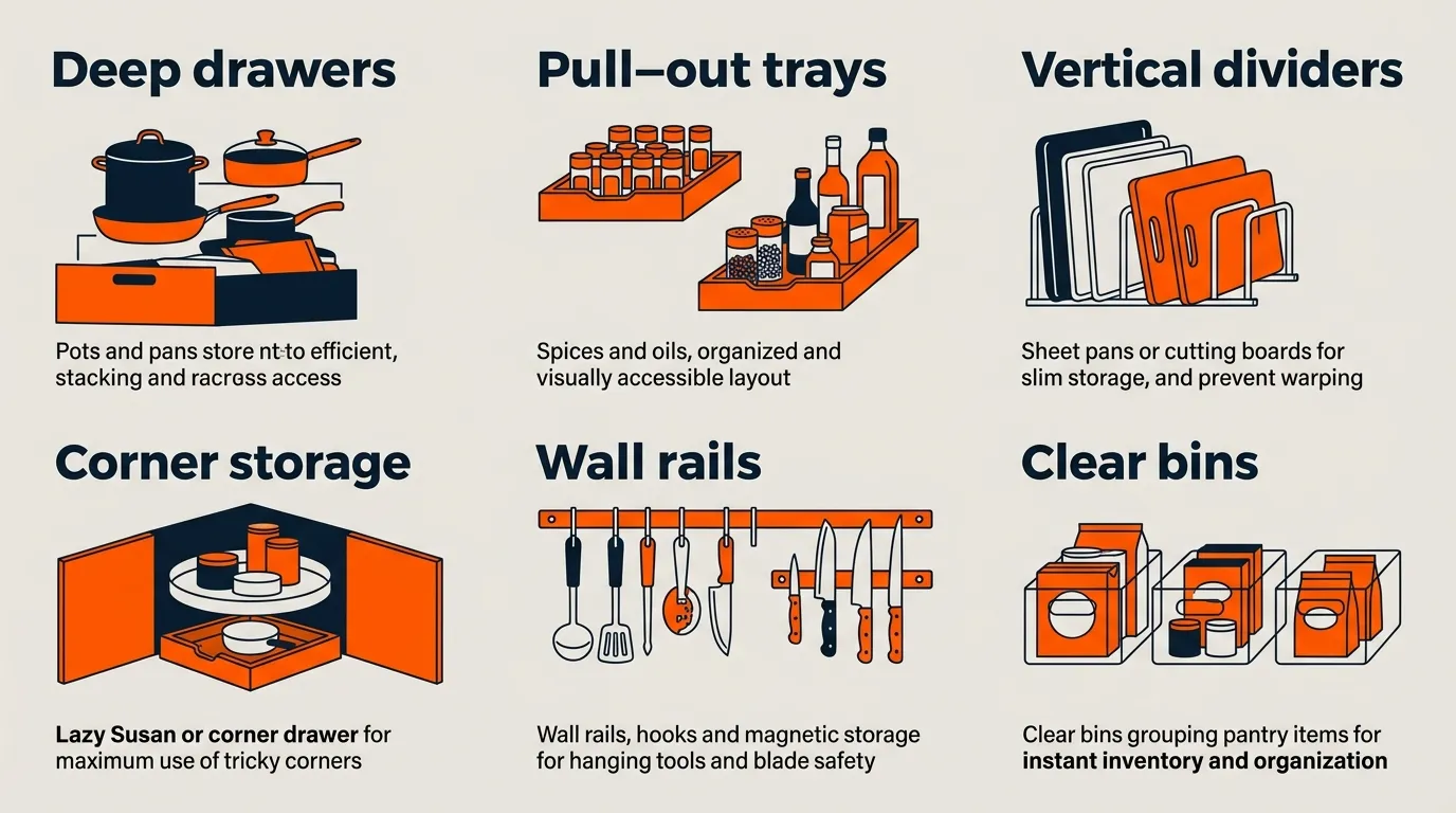 Kitchen storage solutions using deep drawers, pull-outs, vertical dividers, wall rails, and clear bins