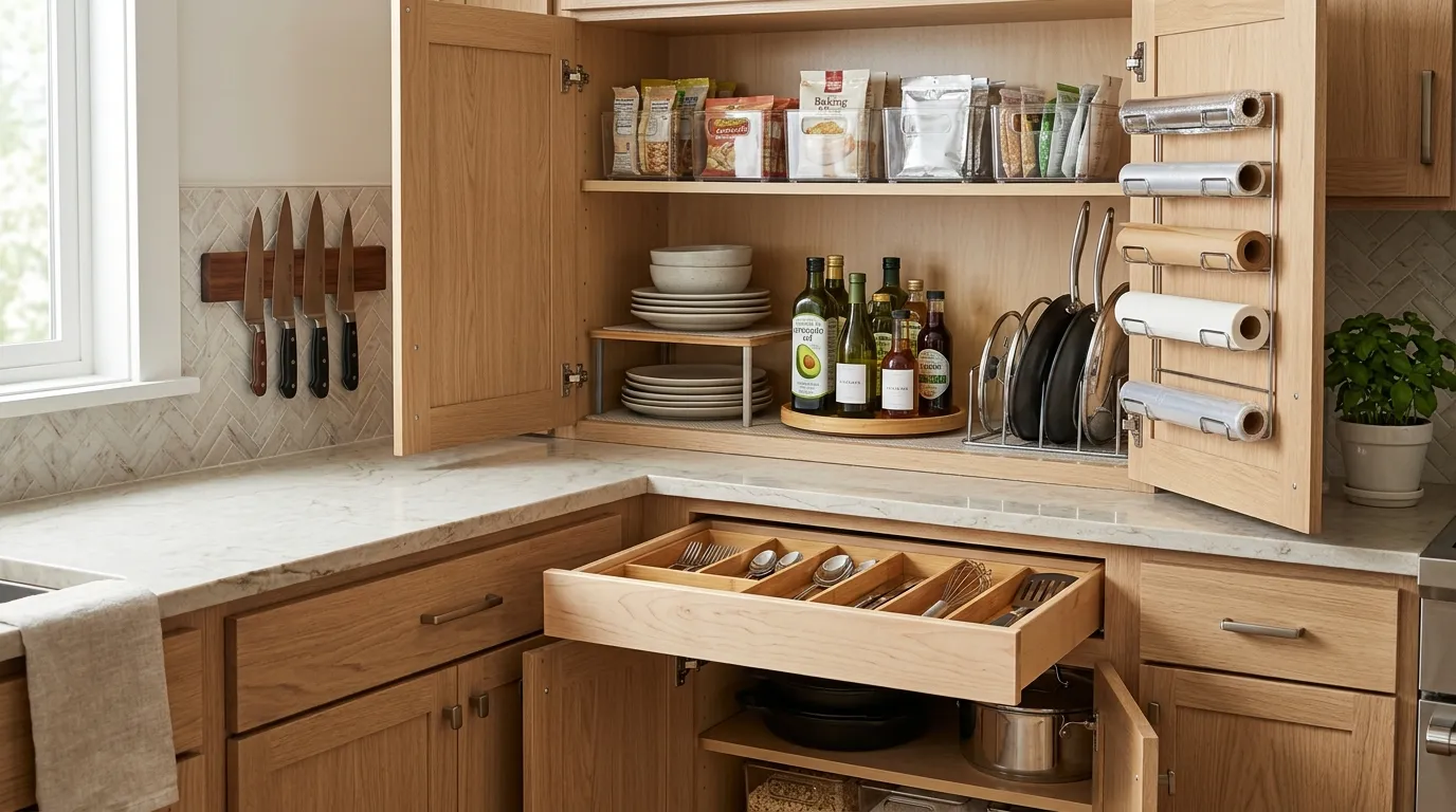 Kitchen cabinets and drawers organized with dividers shelf risers turntables and pan racks