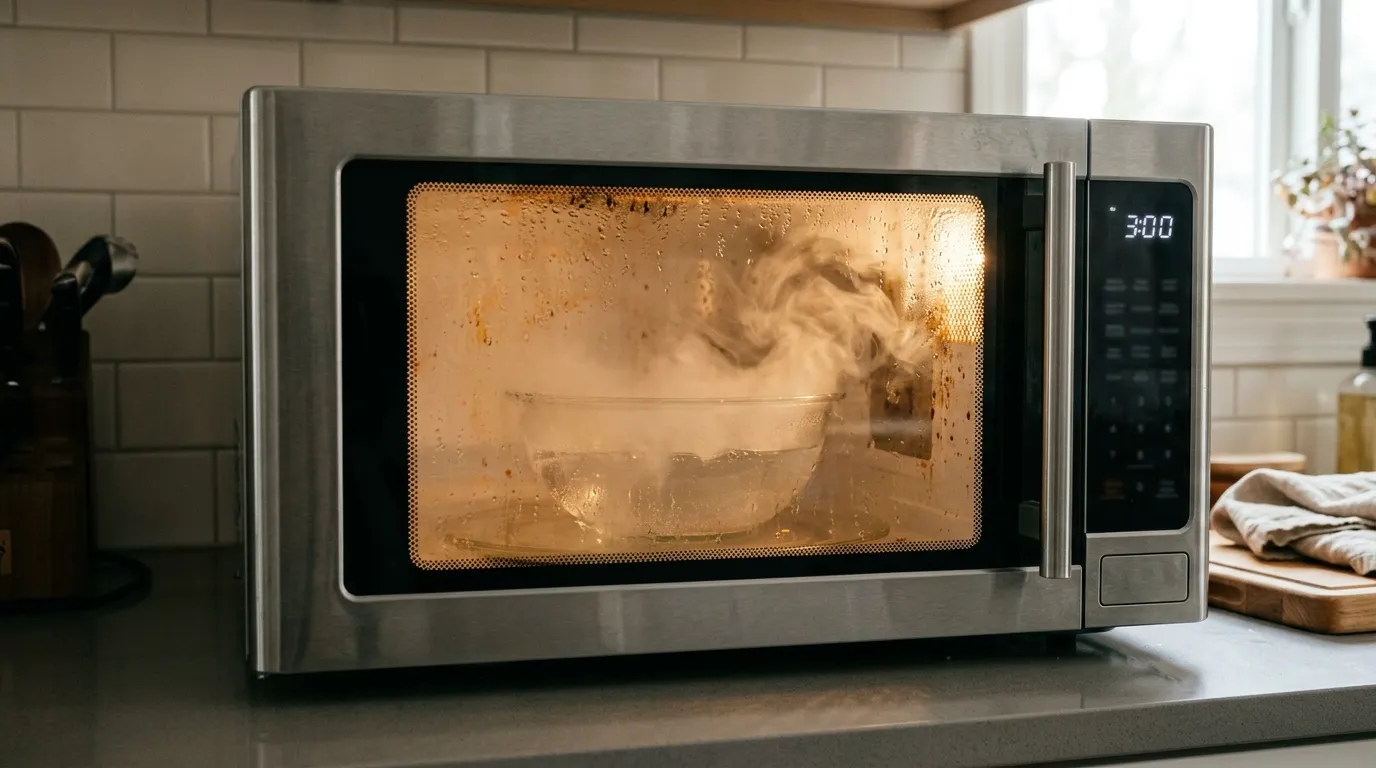 Microwave-safe bowl of water and vinegar steaming inside a microwave to loosen stuck-on food