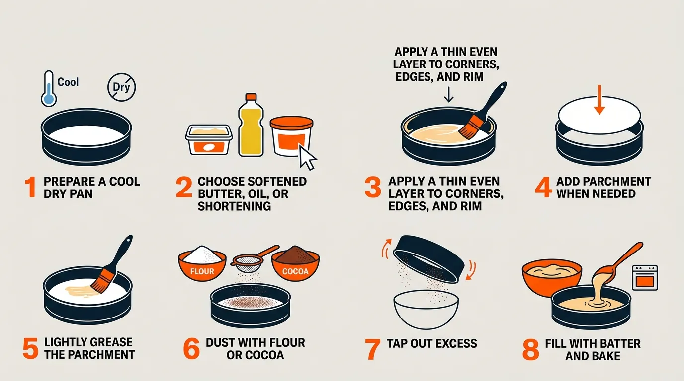 Step-by-step baking pan preparation showing greasing parchment lining flour dusting and filling with batter