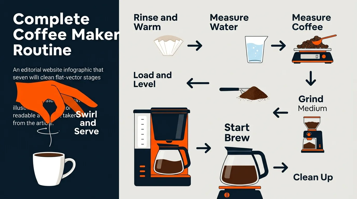 Coffee brewing routine showing rinsing the filter, measuring water and coffee, grinding beans, brewing, serving, and cleanup
