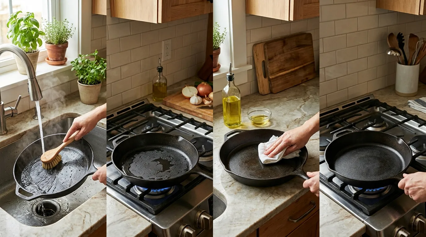 Warm cast iron skillet being scrubbed dried heated and lightly oiled during routine cleaning