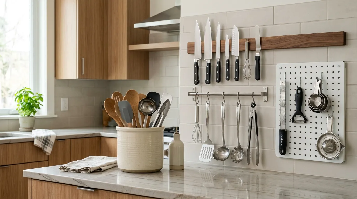 Kitchen utensils organized vertically with a countertop crock, rail hooks, magnetic strip, and pegboard