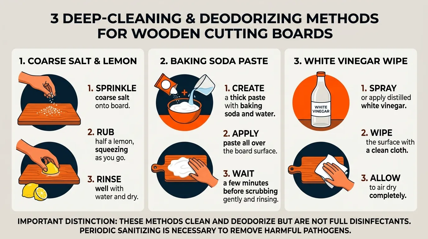 Deep cleaning methods for a wooden cutting board using salt and lemon baking soda paste and vinegar