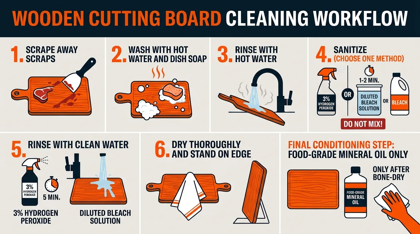 Step-by-step wooden cutting board cleaning process after raw meat from scraping and washing to sanitizing drying and oiling