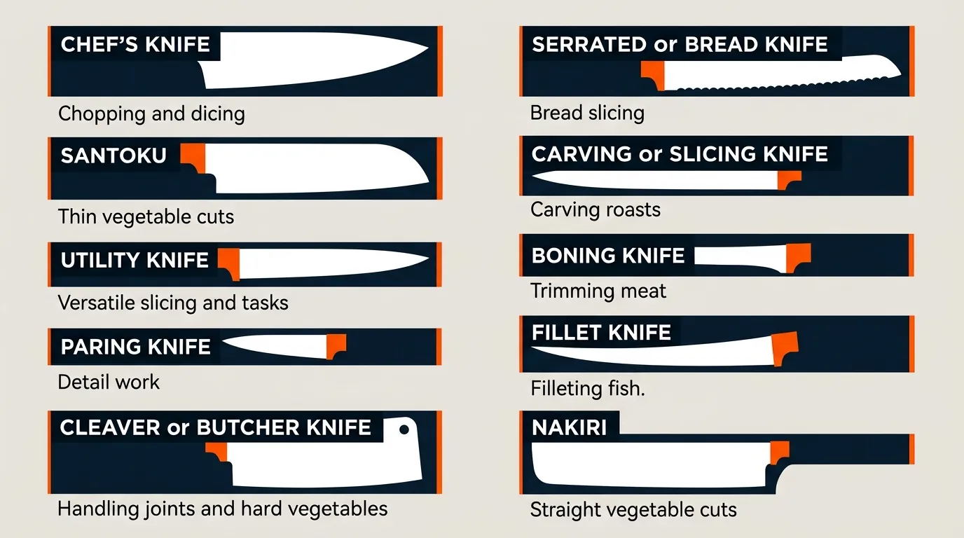 Kitchen knife types compared by blade shape and primary cooking task