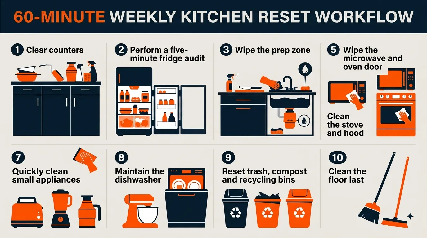 Step-by-step weekly kitchen reset covering counters, fridge, sink, appliances, dishwasher, trash, and floors
