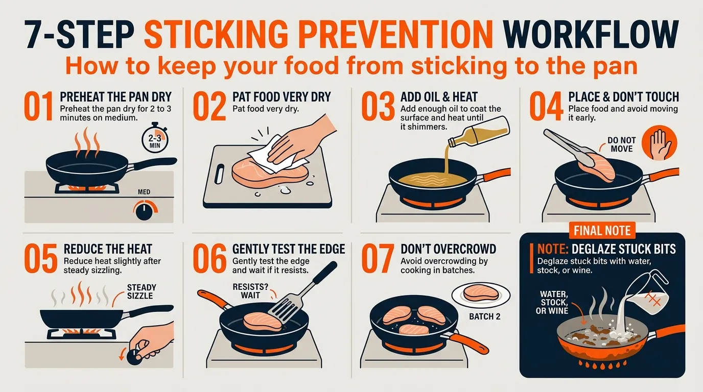 Seven-step pan sticking prevention workflow showing preheating, drying food, adding oil, waiting for release, and avoiding overcrowding