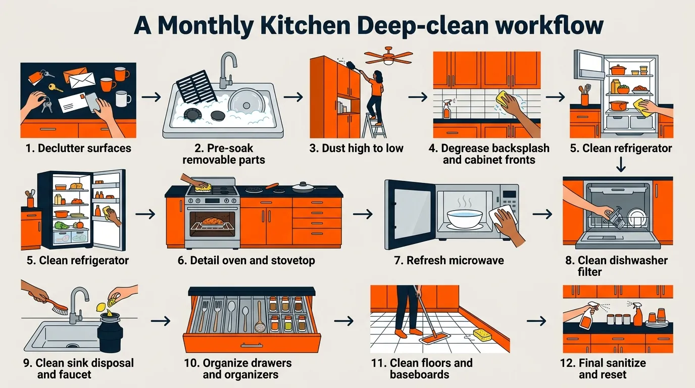 Top-to-bottom kitchen deep-clean workflow covering surfaces, appliances, sink, floors, and final sanitizing