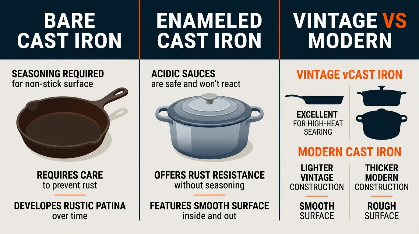 Comparison of bare cast iron and enameled cast iron cookware with their main cooking and care characteristics