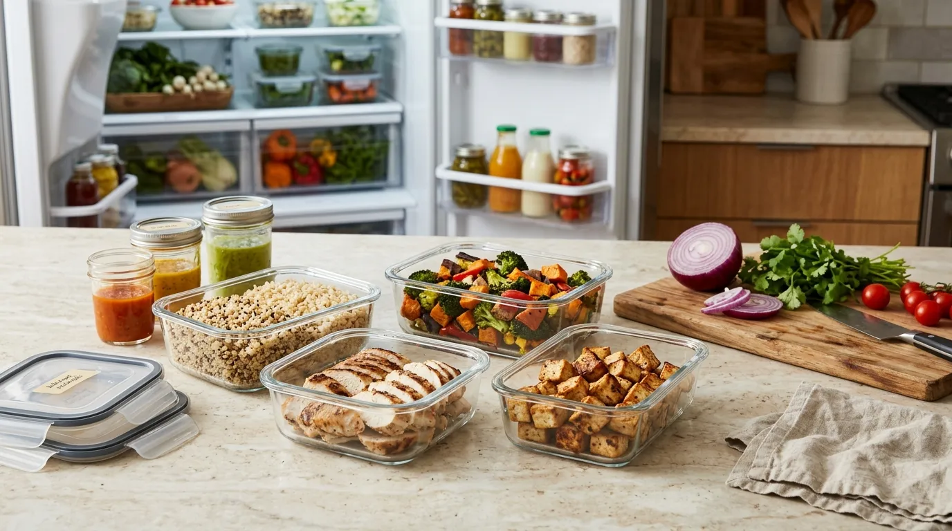 Meal-prep containers filled with cooked grains, roasted vegetables, prepared protein, and sauces for quick meals