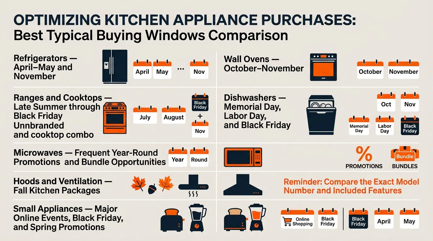 A guide showing the best shopping periods for refrigerators, ranges, wall ovens, dishwashers, microwaves, ventilation, and small appliances.