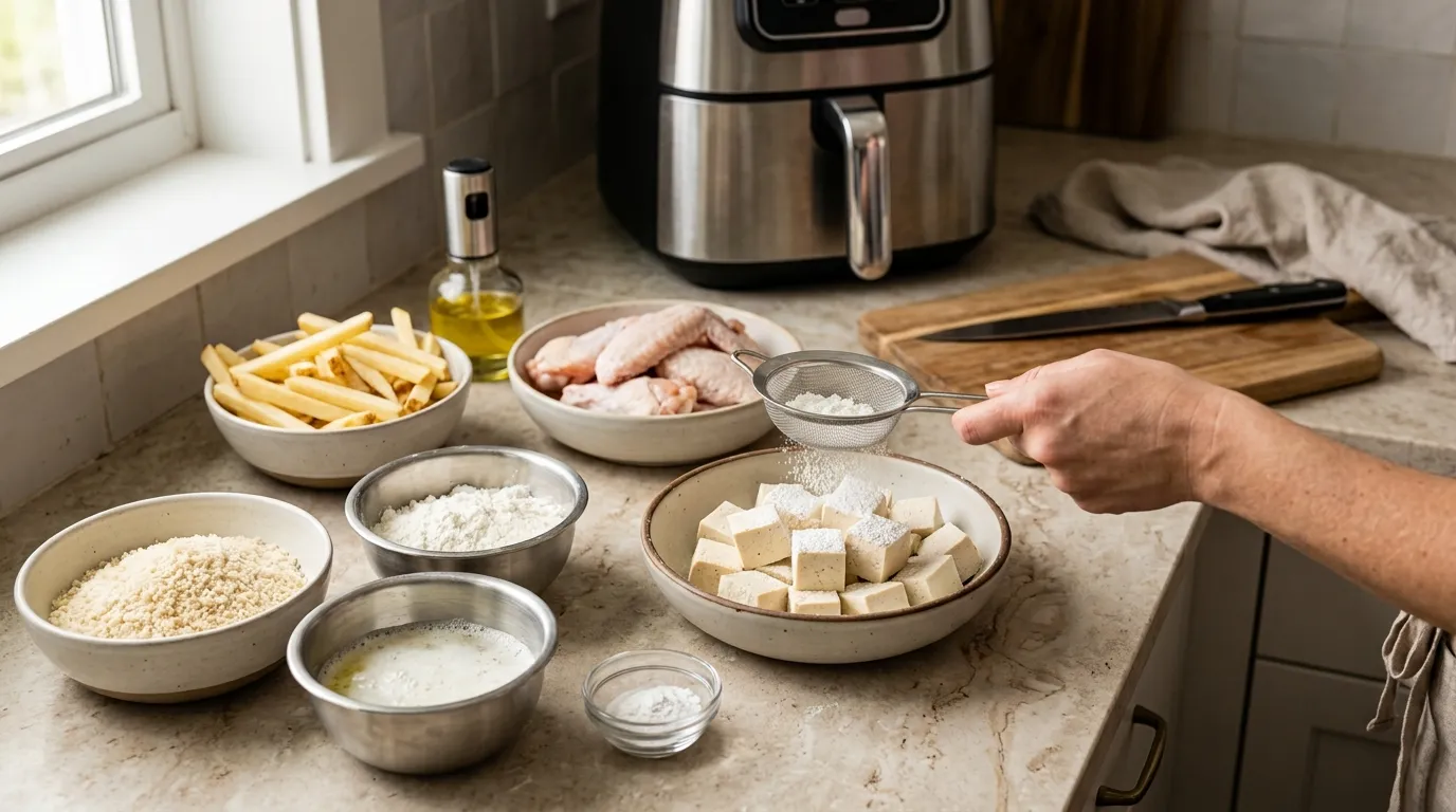 Air fryer ingredient preparation showing cornstarch, panko, egg white, baking powder, and dried food surfaces