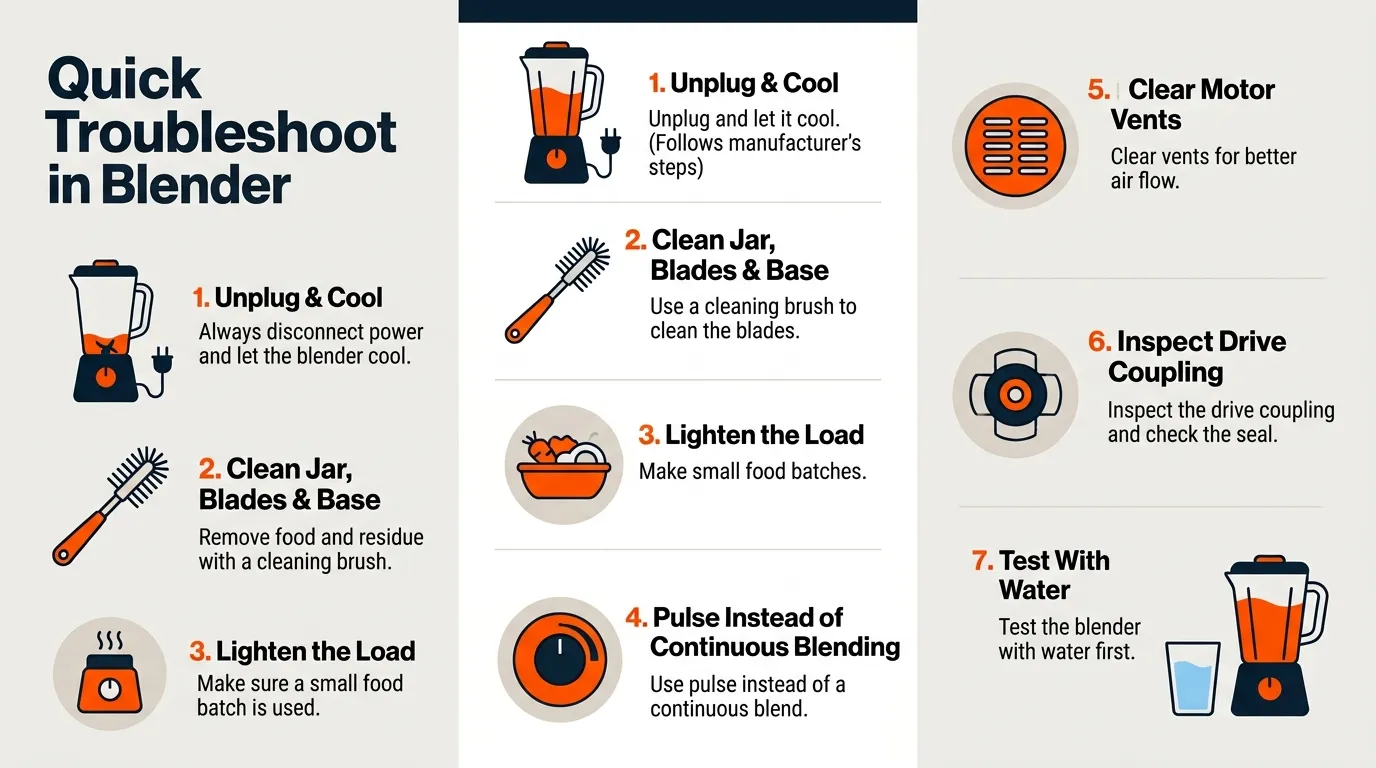 Step-by-step blender troubleshooting checklist showing cooling, cleaning, reducing load, checking the coupling, and water-only testing