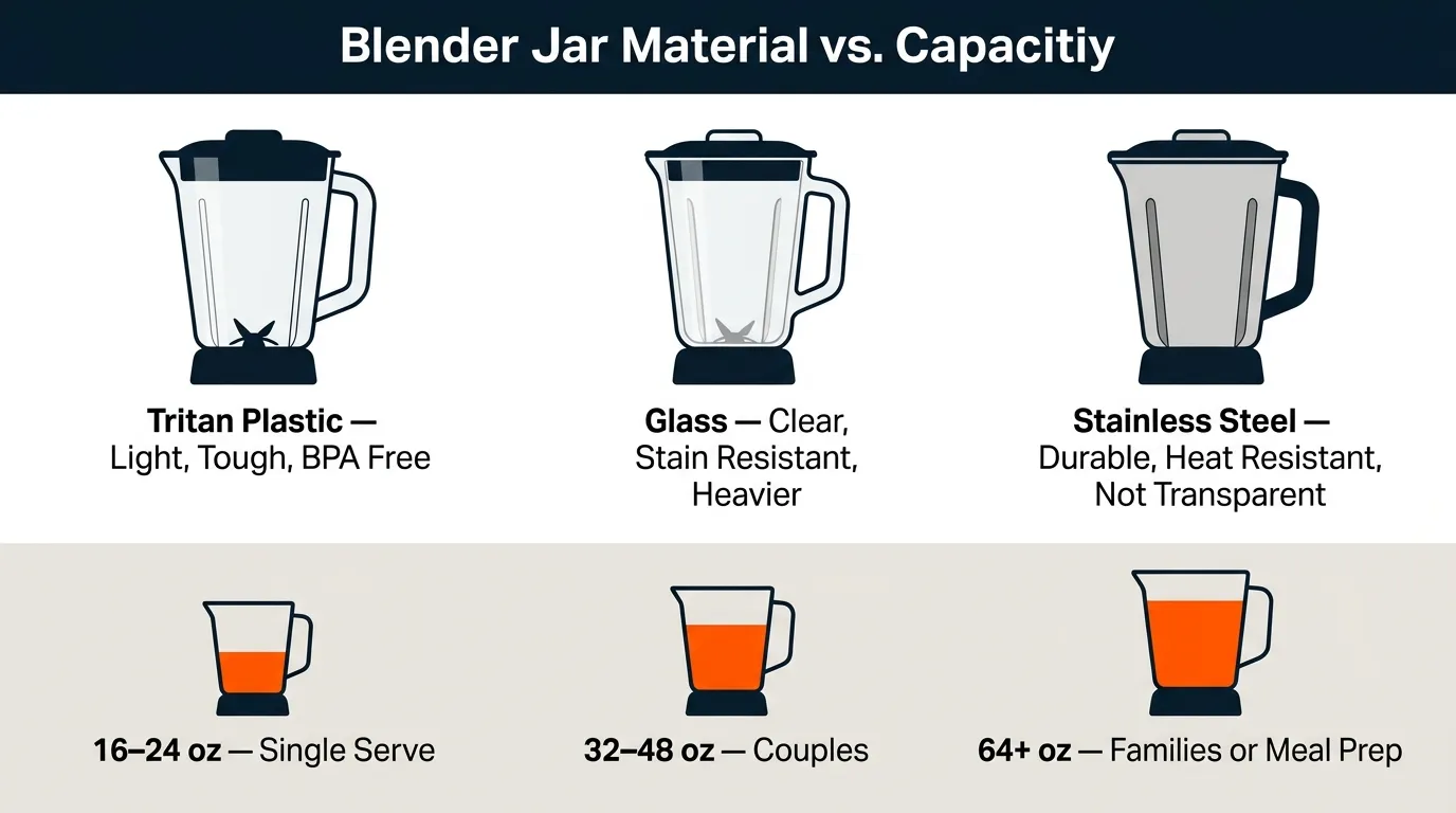 Blender jars in glass, Tritan plastic, and stainless steel shown in different sizes for household needs