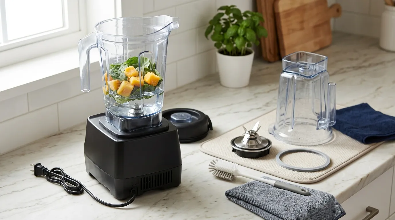 Blender maintenance setup showing smaller food pieces, liquid-first blending, cleaning tools, and clear motor vents