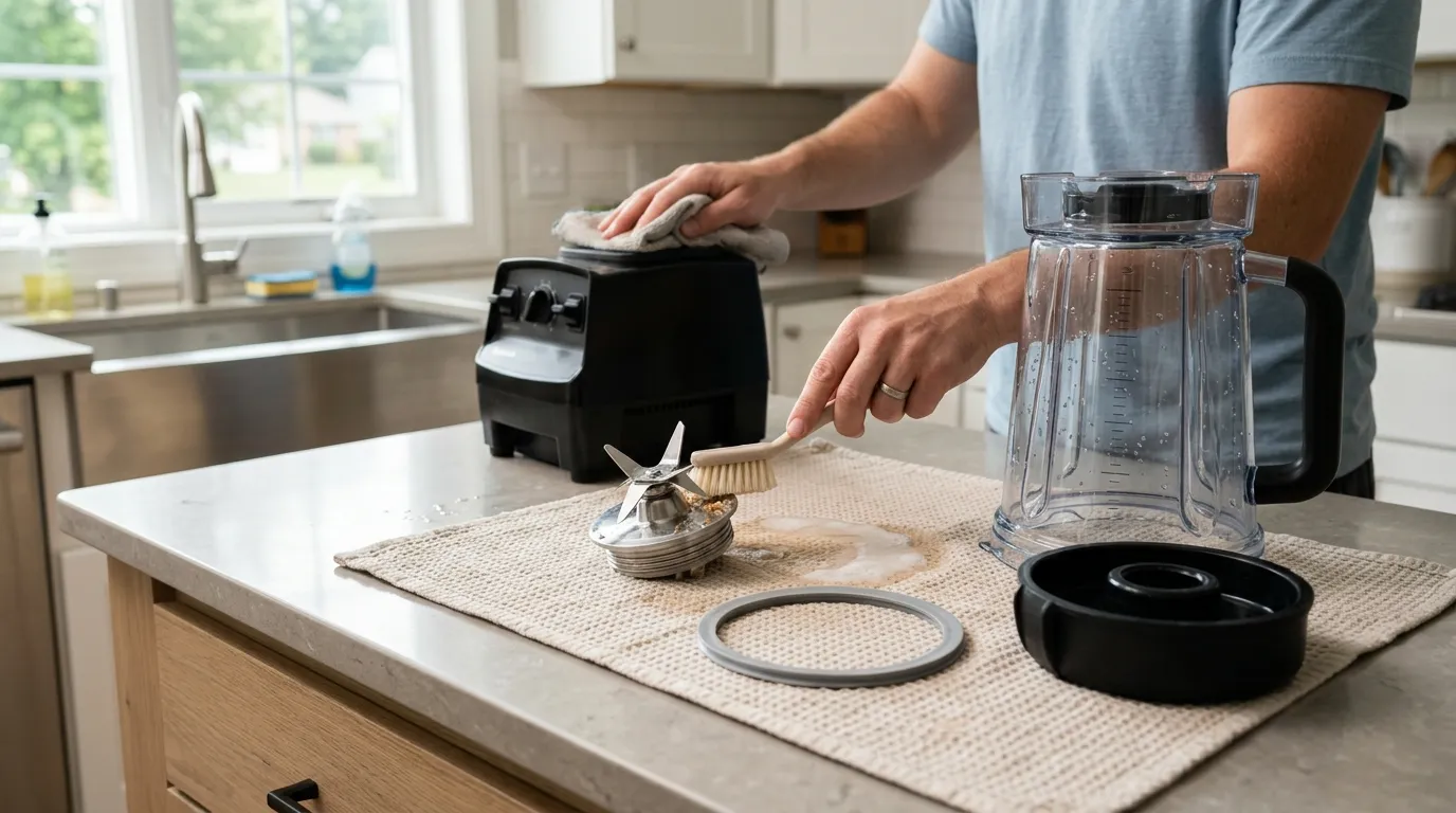 Blender maintenance setup showing jar rinsing, gasket inspection, blade assembly care, and dry storage