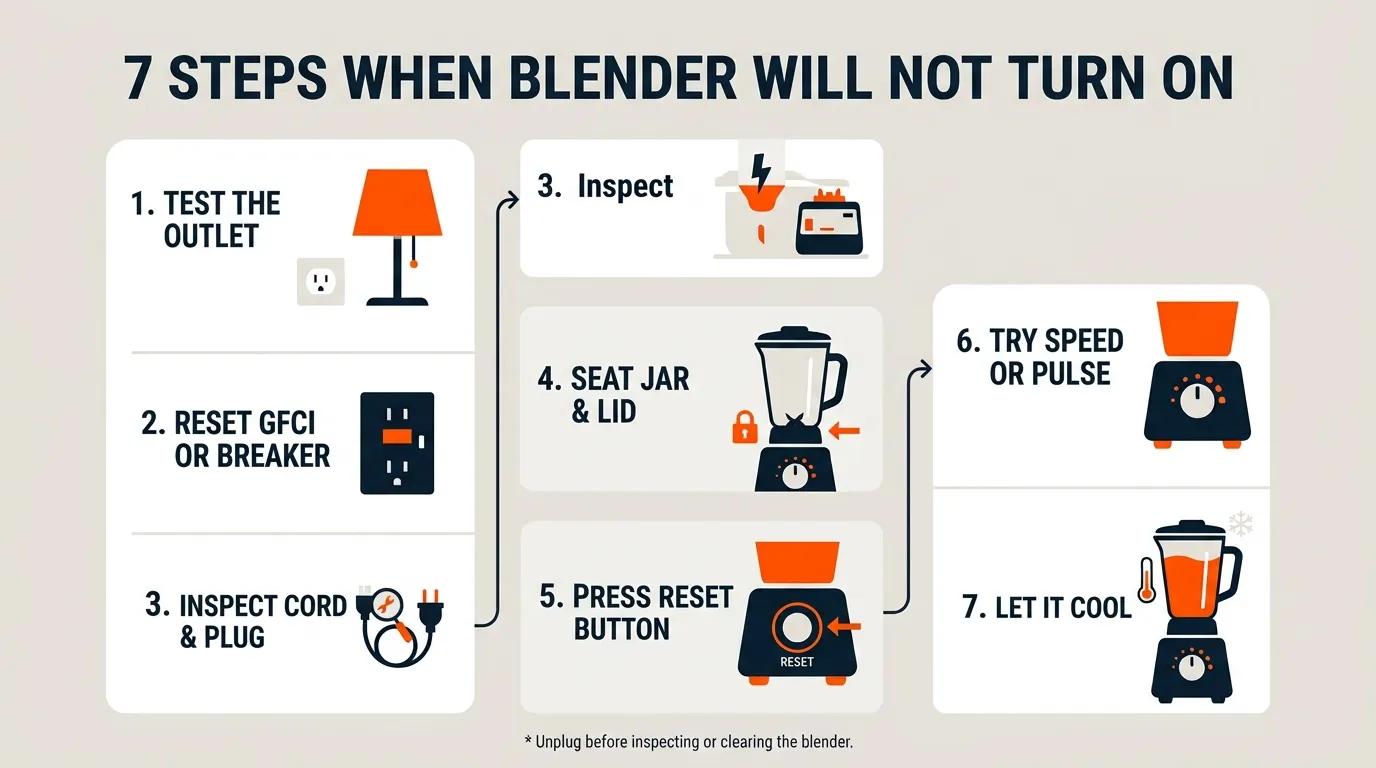 Step-by-step infographic showing the main checks for a blender that will not turn on