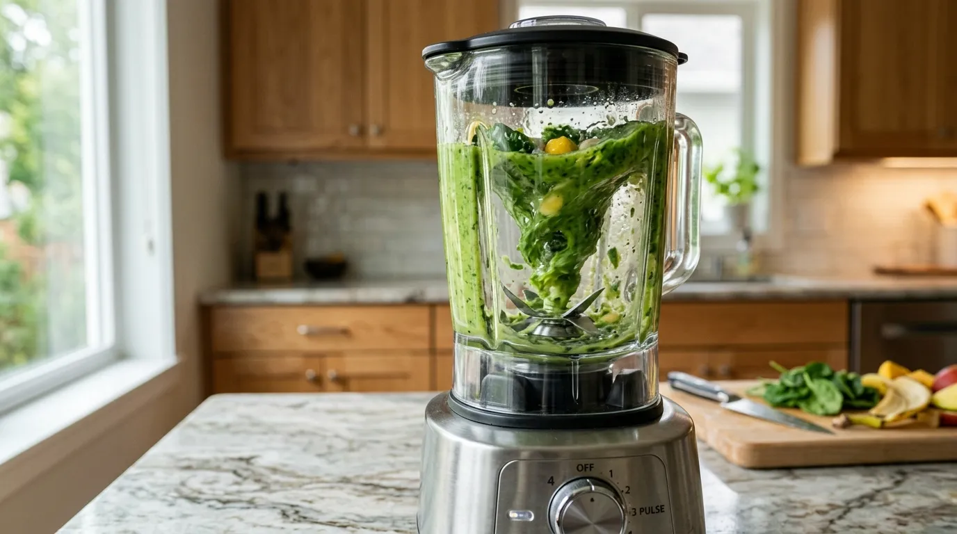 Blender jar showing a strong vortex pulling ingredients toward the blades during blending
