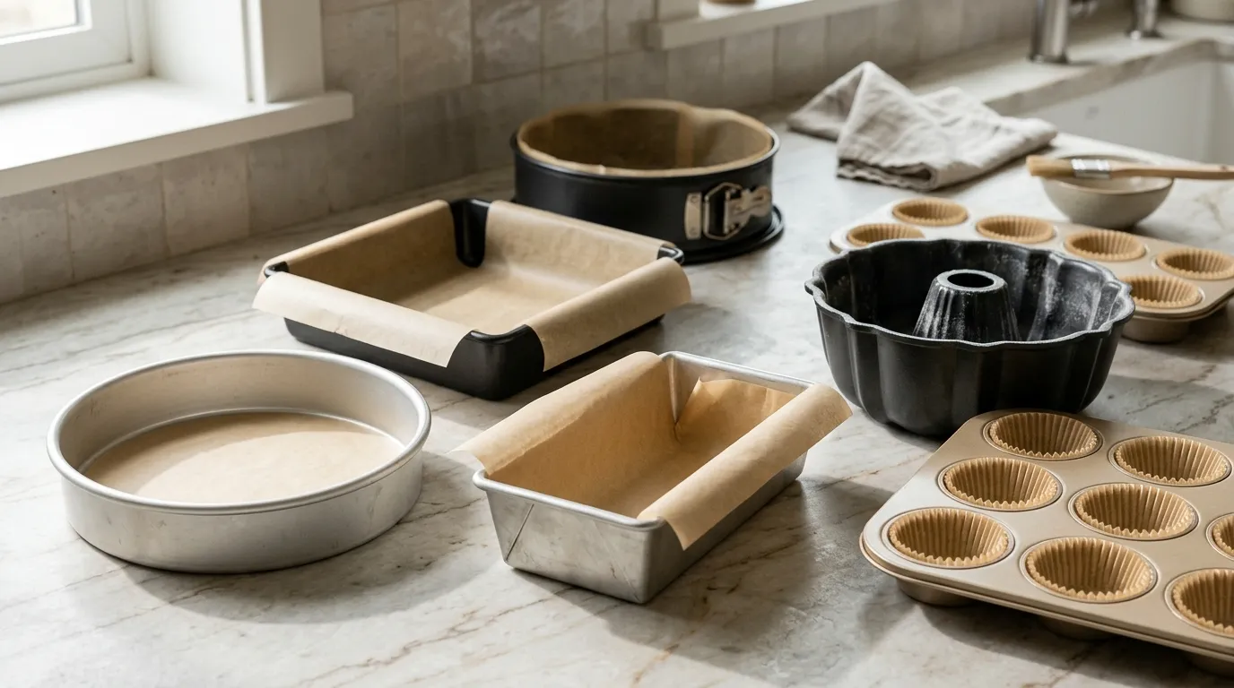 Round, loaf, Bundt, cupcake, and springform pans prepared with appropriate parchment, liners, or grease coatings.