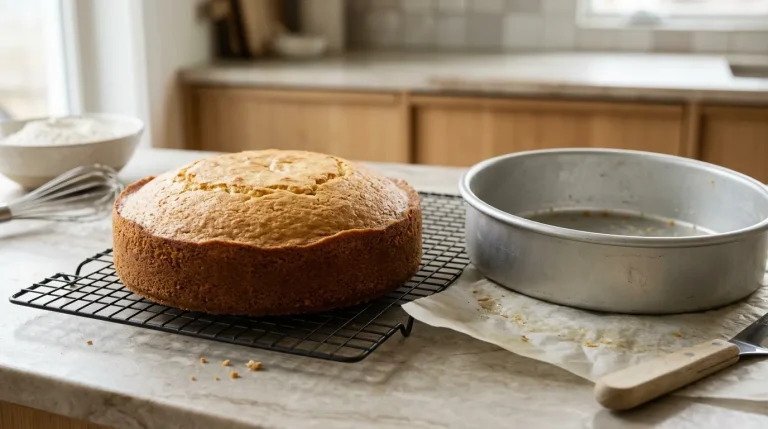 Golden homemade cake beside a prepared cake pan on a kitchen countertop, illustrating how to prevent cake sticking.