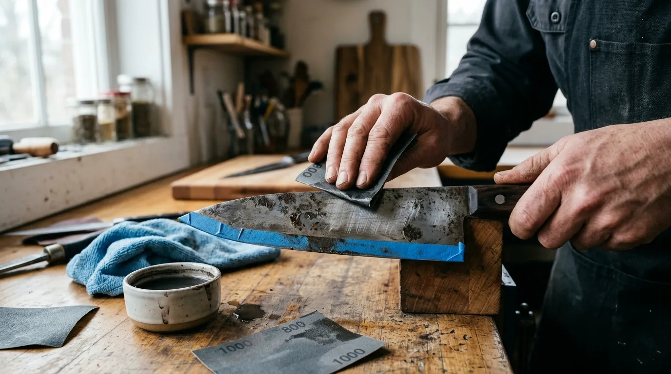 Rusty knife blade being carefully sanded along its existing blade lines with fine abrasive paper