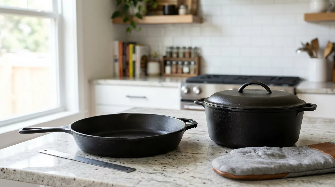 Cast iron skillet and Dutch oven showing key buying features including flat base, handles, seasoning, lid fit, and size