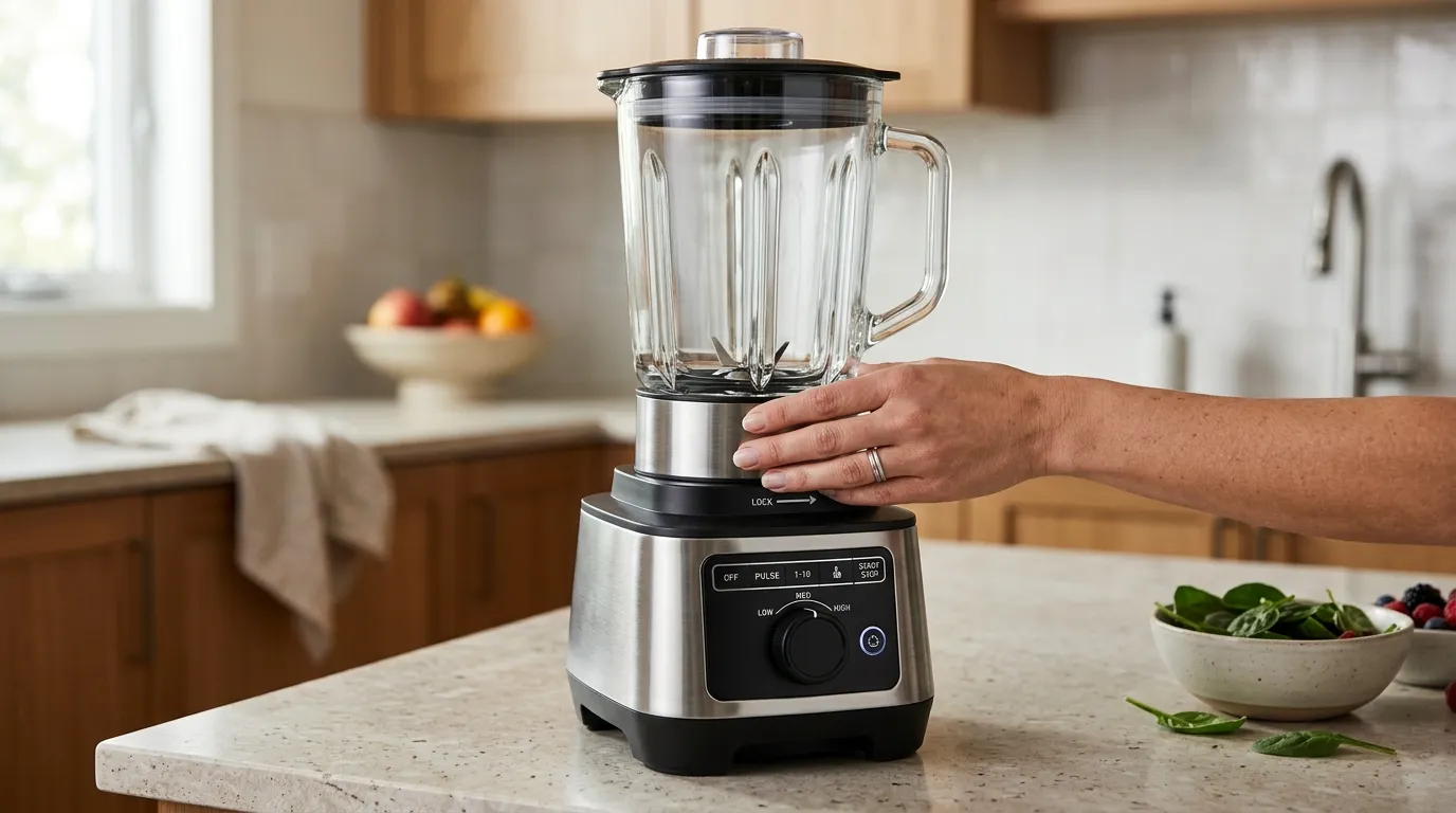 Blender jar being correctly aligned and locked into the base during troubleshooting