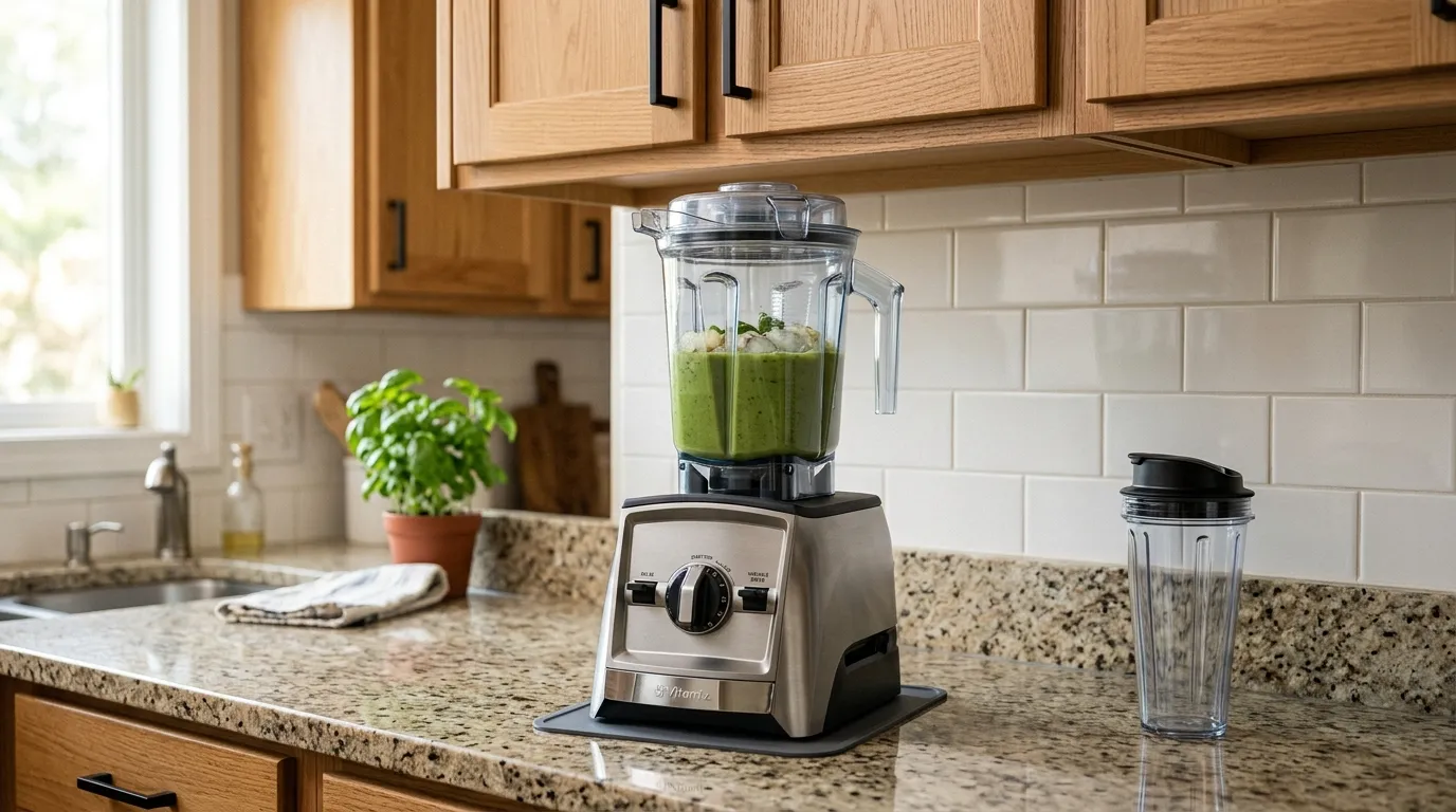 Tall countertop blender positioned beneath kitchen cabinets with enough clearance around the appliance