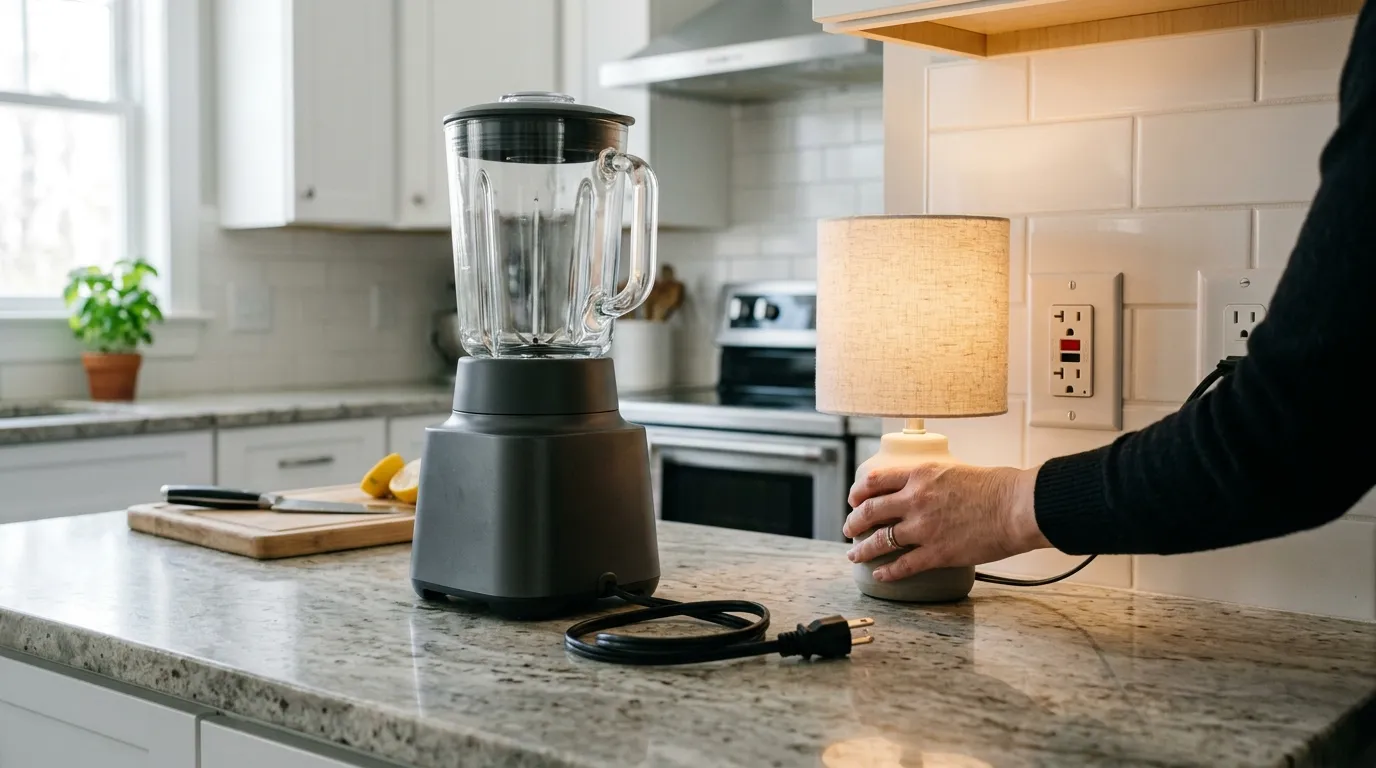 Blender power cord and kitchen outlet being checked during a no-power troubleshooting process