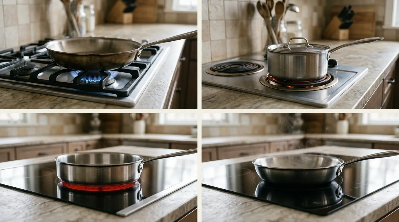 Cookware with flat bases arranged on gas, electric coil, glass-ceramic, and induction cooking surfaces