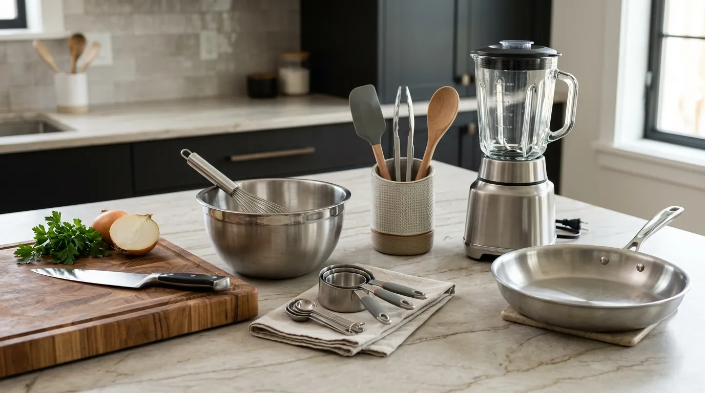 Everyday kitchen gadgets arranged for chopping, blending, whisking, measuring, cooking, and food preparation