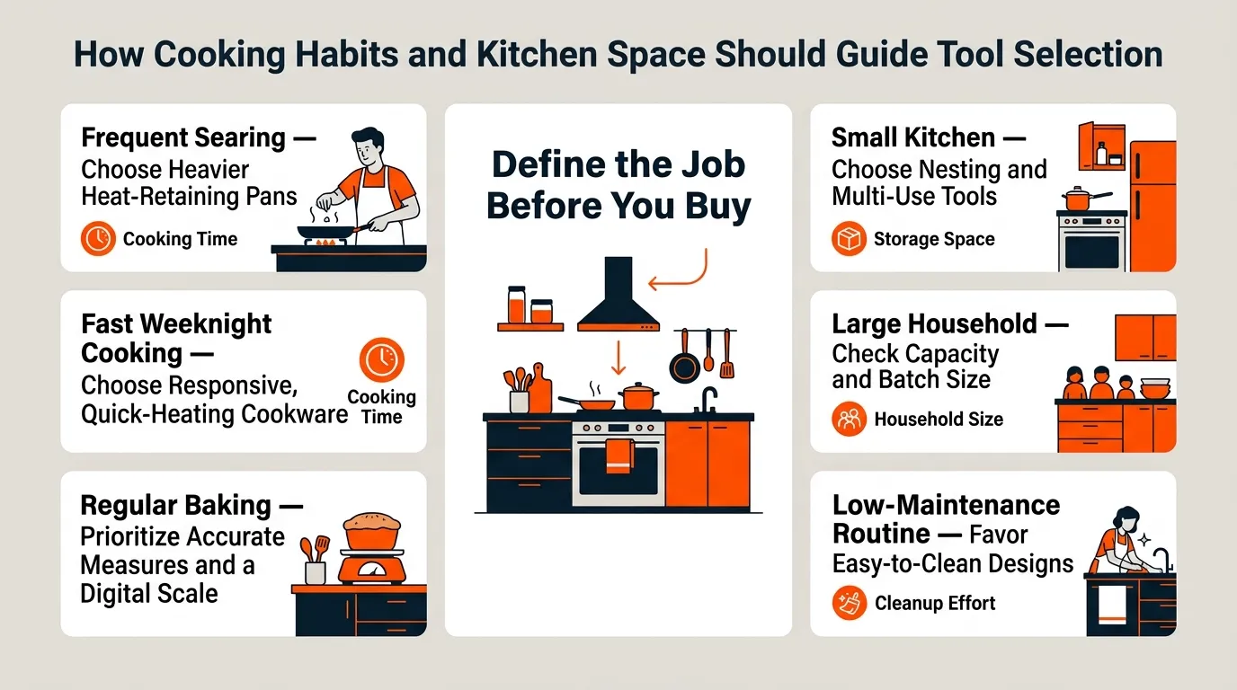 An infographic matching searing, fast cooking, baking, family size, cleanup needs, and small kitchens with suitable kitchen tools.