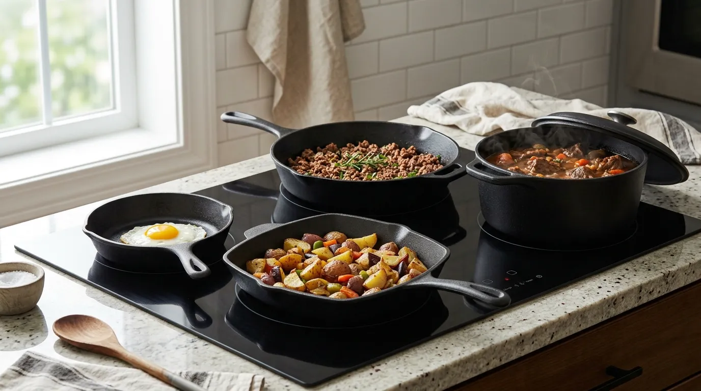 Different cast iron skillet sizes and shapes arranged for comparing cooking capacity and stovetop compatibility