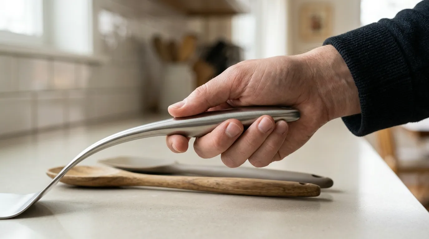 Hand checking the grip, balance, and handle comfort of a kitchen utensil before buying