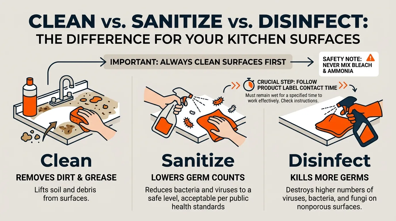 Kitchen cleaning infographic explaining the difference between cleaning sanitizing and disinfecting food-contact surfaces