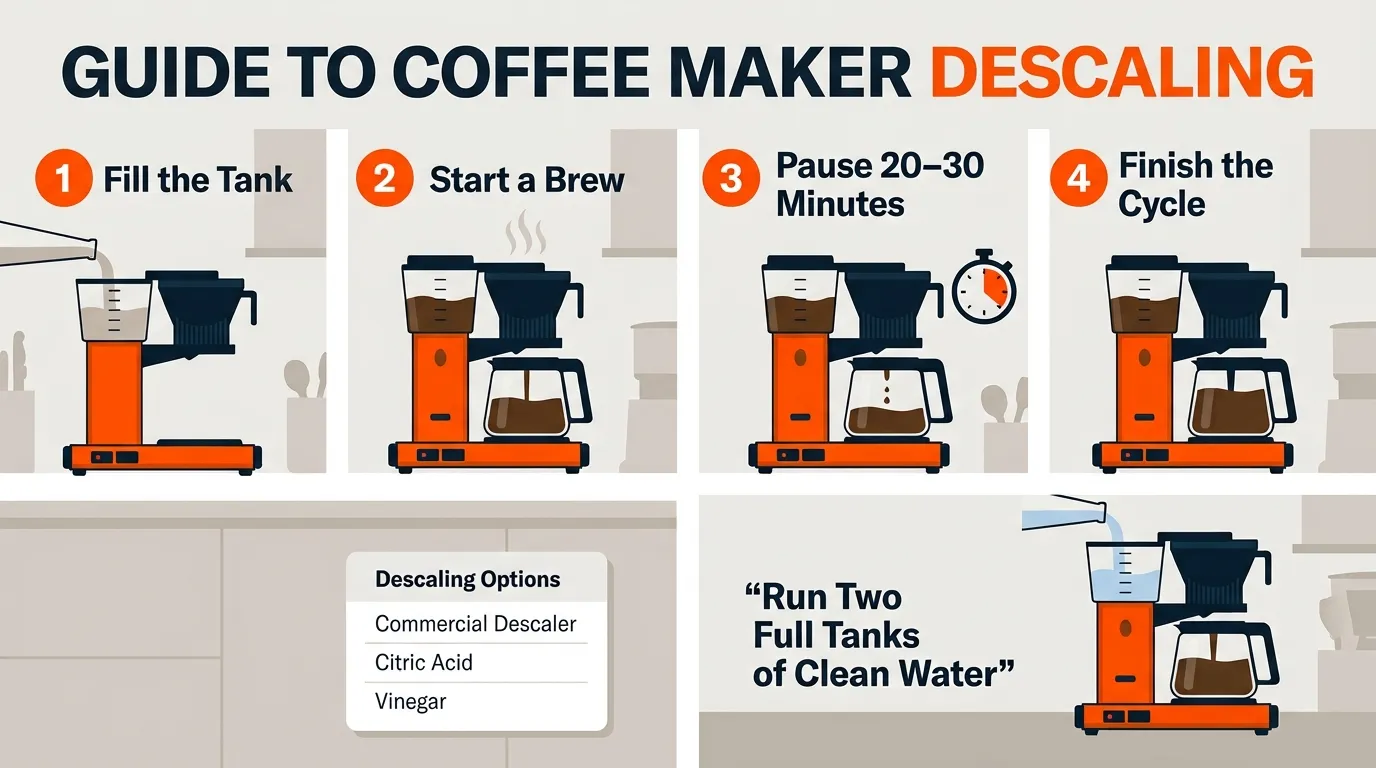 Coffee maker being descaled with solution in the water reservoir to clear mineral buildup from the water path