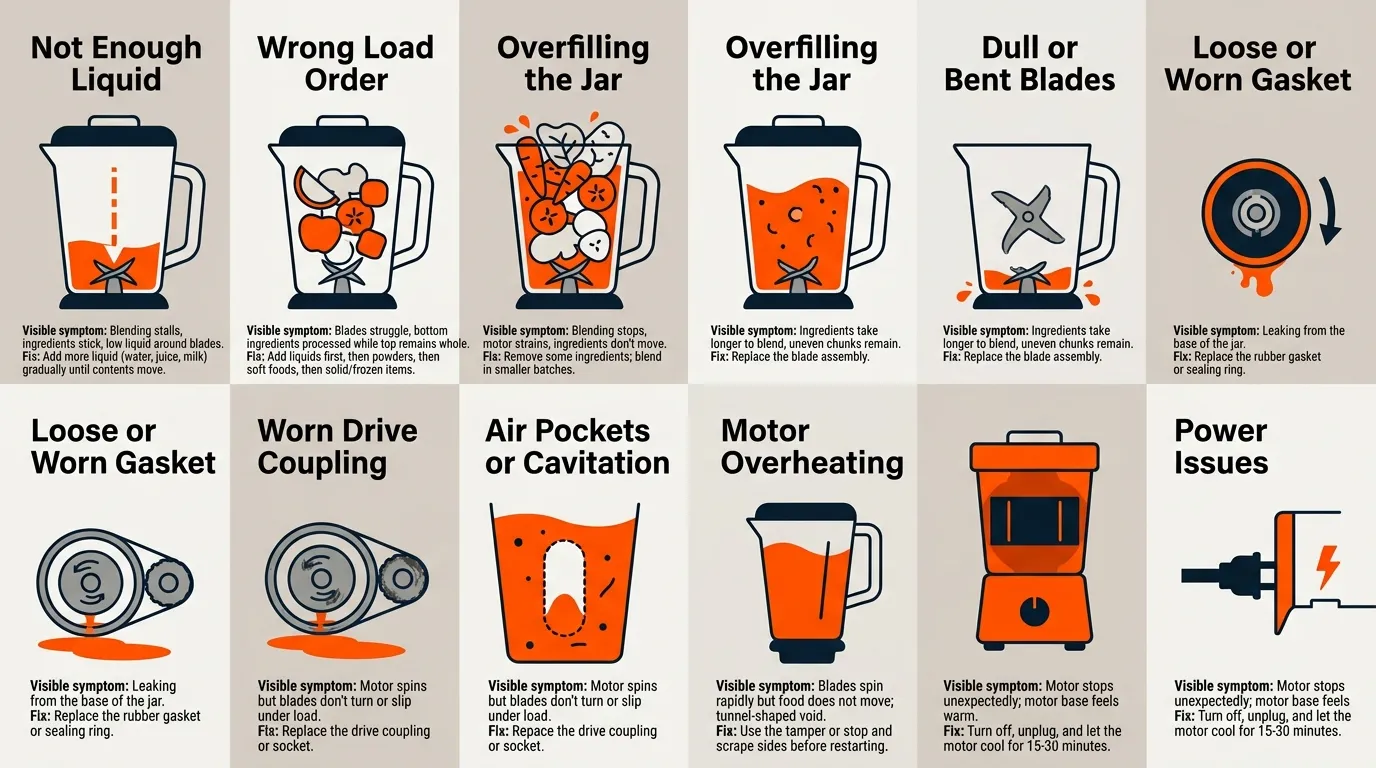 Blender troubleshooting comparison showing low liquid, overfilling, dull blades, worn gasket, coupling wear, cavitation, overheating, and power issues