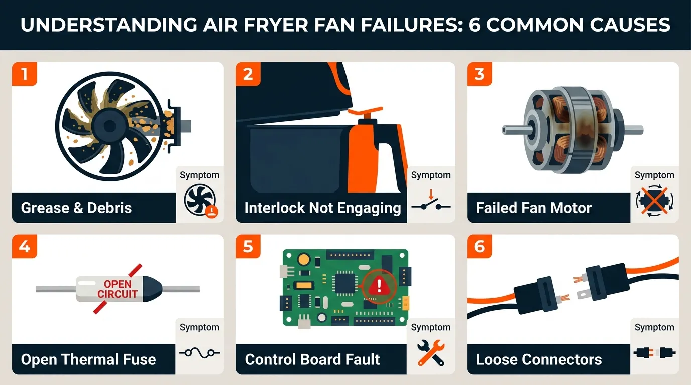 Air fryer repair components showing grease buildup, interlock switch, fan motor, thermal fuse, connectors, and control board faults