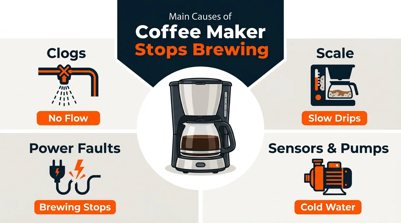 Drip coffee maker components illustrating clogged water flow, mineral scale, filter blockage, and pump problems