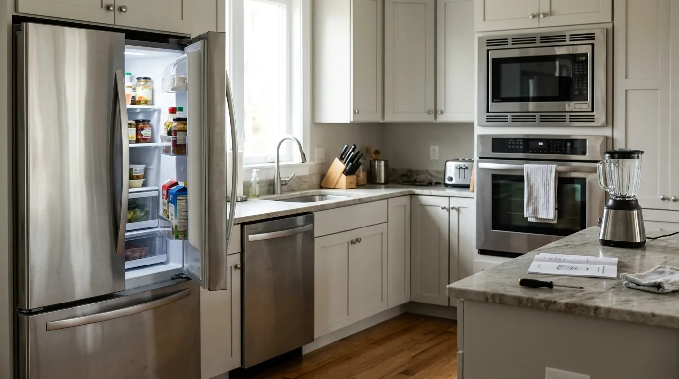 Refrigerator, oven, dishwasher, and countertop appliances arranged in a modern kitchen for troubleshooting common problems