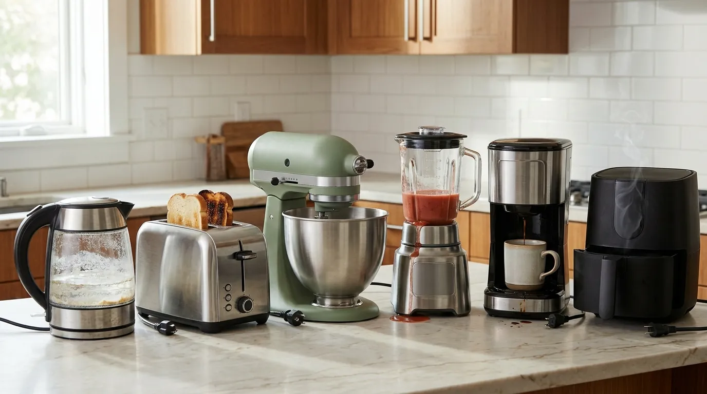 Kitchen appliances showing common troubleshooting issues including blender leaks, air fryer smoke, coffee maker slow flow, and toaster browning