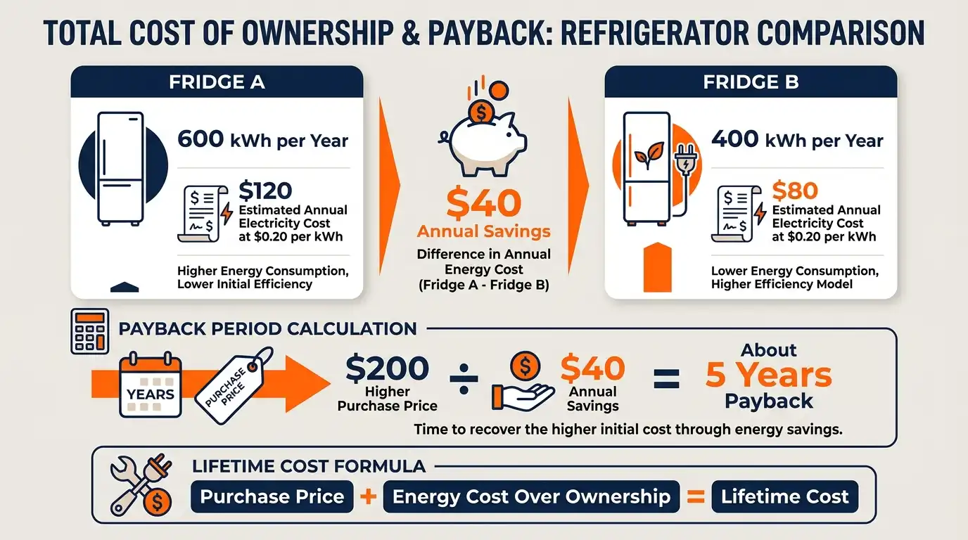 A refrigerator cost comparison showing purchase price, annual energy use, yearly electricity cost, savings, and estimated payback time.