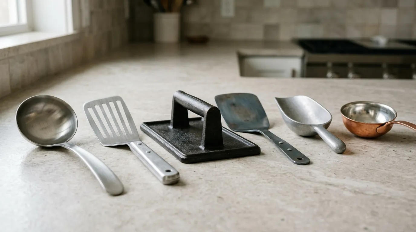 Stainless steel, cast iron, carbon steel, aluminum, and lined copper kitchen utensils displayed side by side
