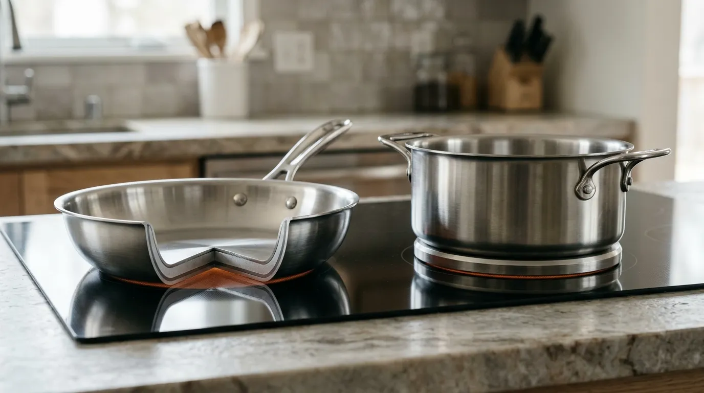 Clad stainless steel pan and disc-base cookware illustrating different bottom constructions and heat distribution