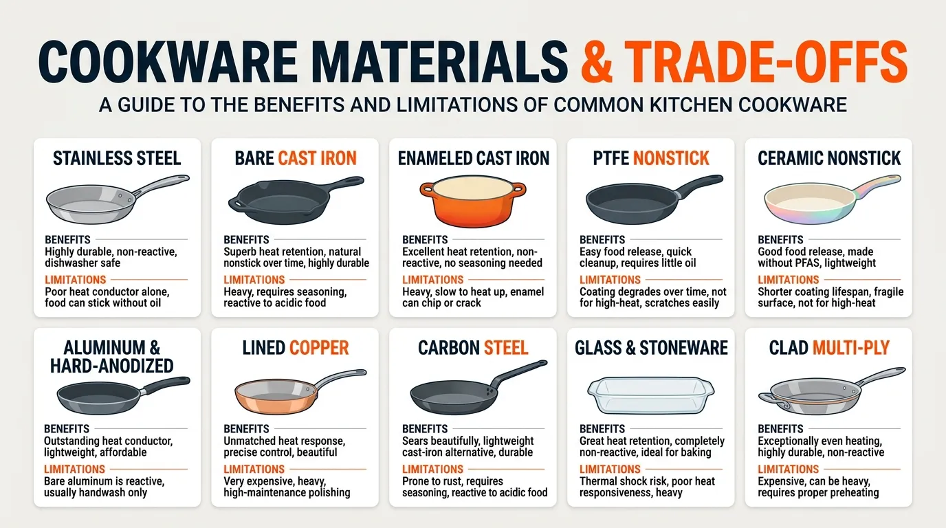 Cookware comparison infographic showing stainless steel, cast iron, nonstick, aluminum, copper, carbon steel, glass, and clad cookware