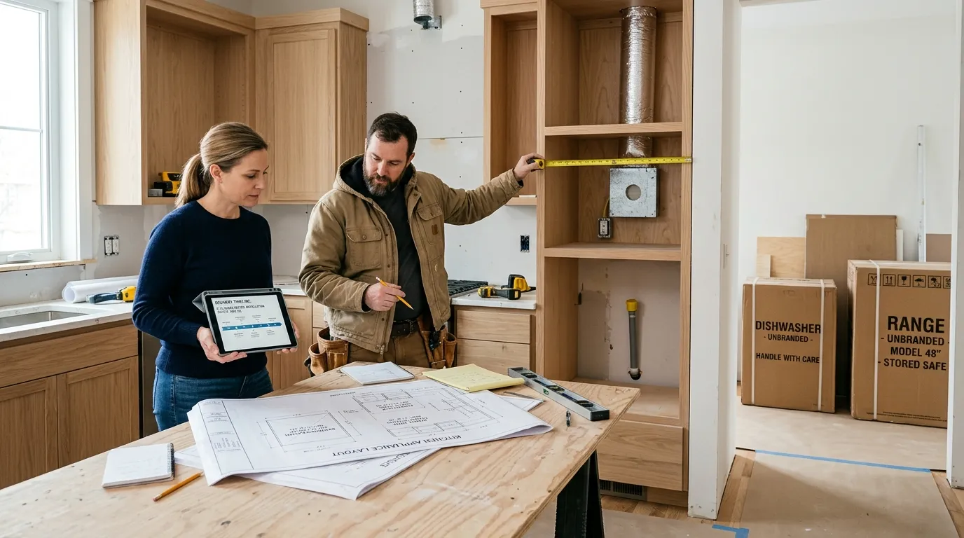 A homeowner and contractor checking appliance dimensions, cabinet plans, utility connections, and delivery timing during a remodel.